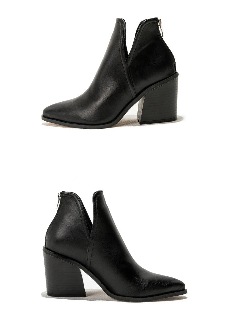 Boots Women Ankle Leopard Mid Heel Shoes Female Slip-On Casual Black Square Heel Booties