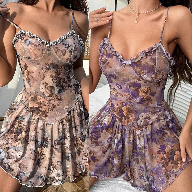 Baby doll Floral pleated camisole short skirt and nightgown Women pajama sexy lingerie for women push up adult sexy nights