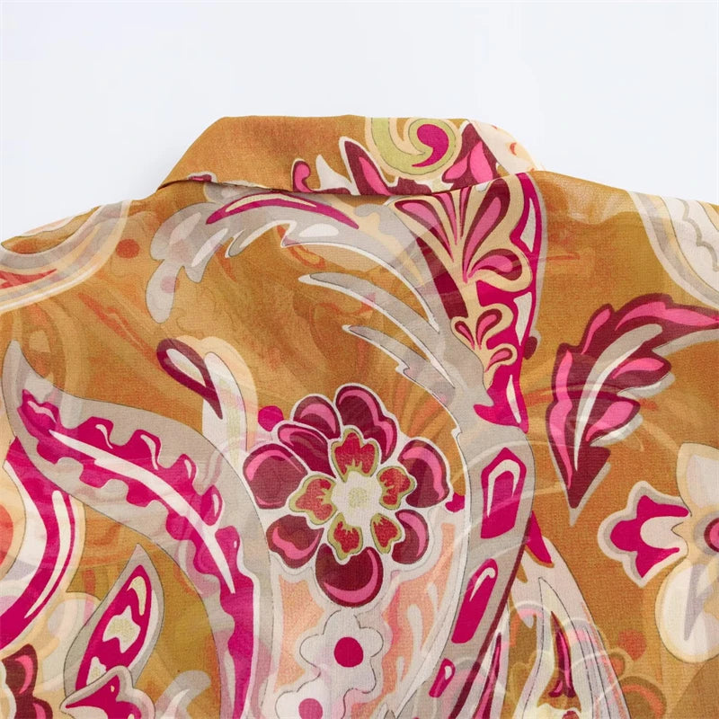 Spring New Ethnic style Flower Print Chiffon Shirt Single Breasted Tiered Ruffles Women's Sheer Top Thin Blouse