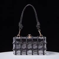 Diamond Clear Acrylic Box Evening Clutch Bags for Women, Boutique Woven Knotted Rope, Rhinestone Purse, Wedding Party Handbag