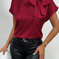 Women's Satin Short-Sleeve Blouse with Tie Collar Large Bow