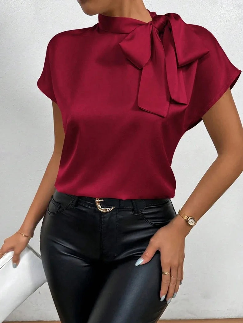 Women's Satin Short-Sleeve Blouse with Tie Collar Large Bow