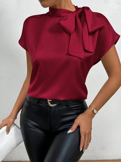 Women's Satin Short-Sleeve Blouse with Tie Collar Large Bow Natalia Home Fashion    Natalia Home Fashion