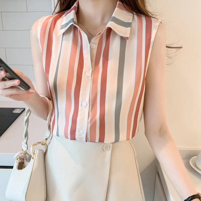 Stripe Women Blouse Casual Shirts Summer Female Clothing Sleeveless  Elegant and Youth Woman Blouses Basic Shirts and Blouses