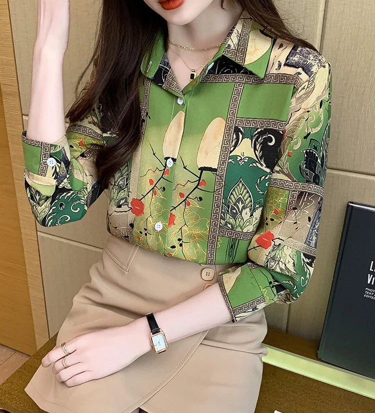 Slim Floral Long-sleeved Shirt Loose Printed Top for Women