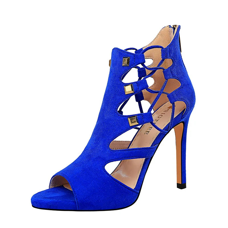 Roman style women's super high heel platform suede sexy nightclub slim rivet hollow sandals