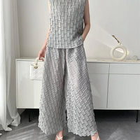 Handmade Pleated Set Women Summer New Sleeveless Vest Top Flared Pants Comfortable Casual Loose Large Size with Stretchy Natalia Home Fashion    Natalia Home Fashion