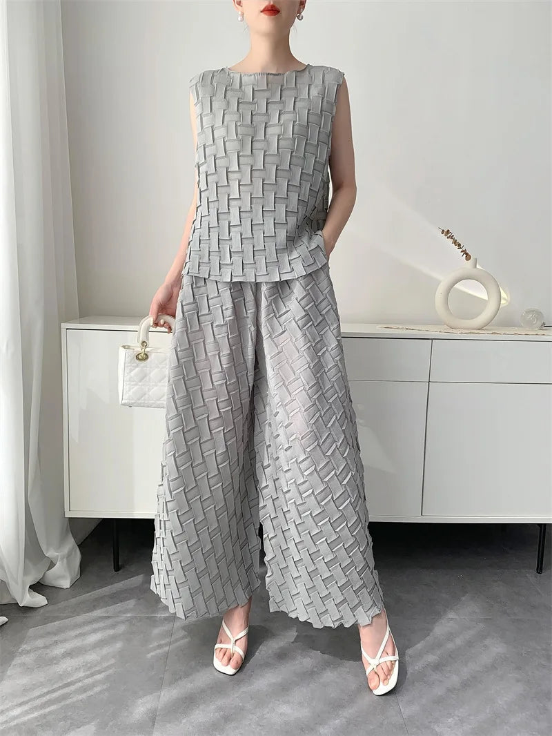 Handmade Pleated Set Women Summer New Sleeveless Vest Top Flared Pants Comfortable Casual Loose Large Size with Stretchy Natalia Home Fashion    Natalia Home Fashion