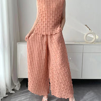 Handmade Pleated Set Women Summer New Sleeveless Vest Top Flared Pants Comfortable Casual Loose Large Size with Stretchy Natalia Home Fashion    Natalia Home Fashion
