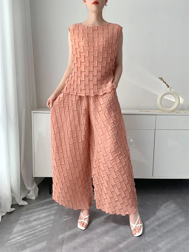 Handmade Pleated Set Women Summer New Sleeveless Vest Top Flared Pants Comfortable Casual Loose Large Size with Stretchy Natalia Home Fashion    Natalia Home Fashion
