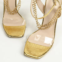 Women's Sexy High Heels Glass Glue Metal Chain Footwear Square Head Thin Heel Sandals Cross-Border Rubber Bottom Shoes