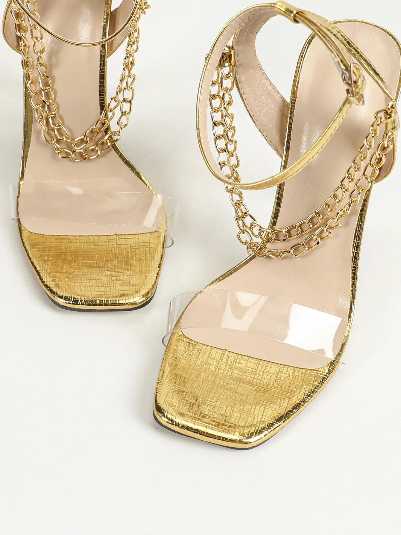Women's Sexy High Heels Glass Glue Metal Chain Footwear Square Head Thin Heel Sandals Cross-Border Rubber Bottom Shoes