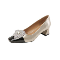 Rhinestone Camellia Flower Women's Shoes Square Toe Thick Heels 5cm Ladies Pumps Party Shoes