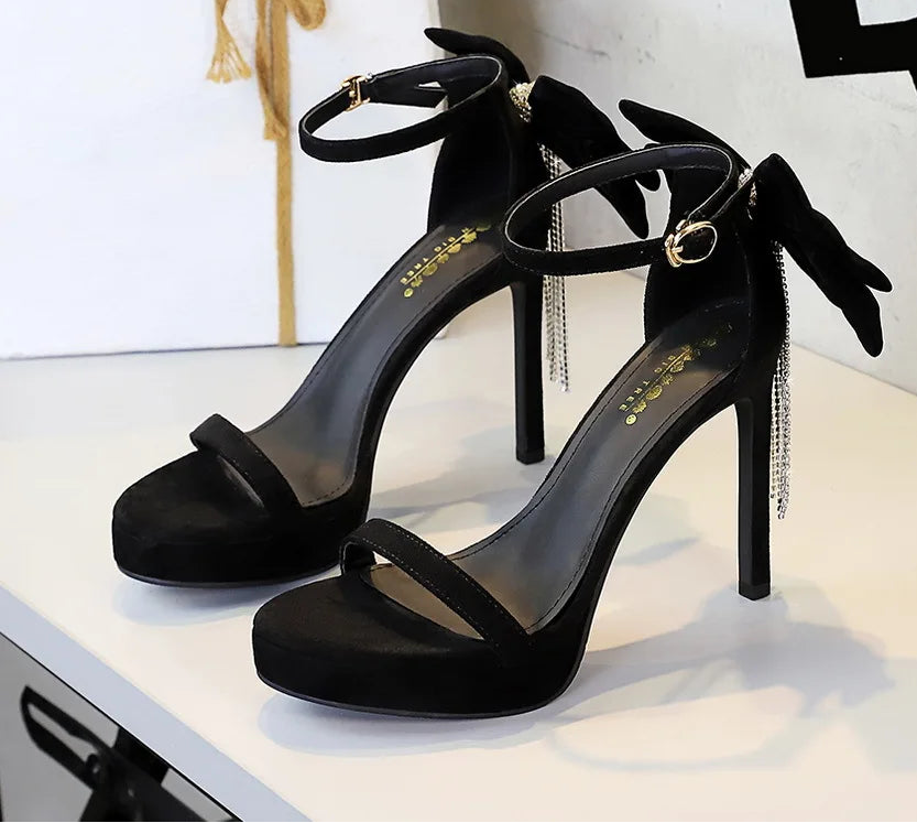 Women's Sandals Bow Chain Narrow Band Platform Sandals Lady Ceremony Party Stiletto Heels 11cm Ankle Buckle and Bow at back - Natalia Home Fashion