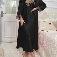 Contrast Lace  Long Sleeve Belted Robe V Neck Slip Dress Sexy Elegant Women Pajamas  Sets