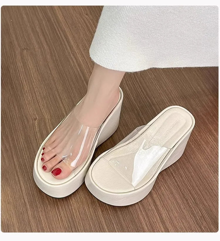 Thick Heel Platform Sandals Women's Summer Casual round Head PVC Material Beach Slippers Transparent Strap Casual Slip-On Shoes