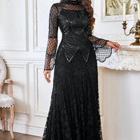 Black Lace Mermaid Elegant Evening Dress for Women High Neck Long Sleeve Sequins Party Dresses Prom Gowns Wedding