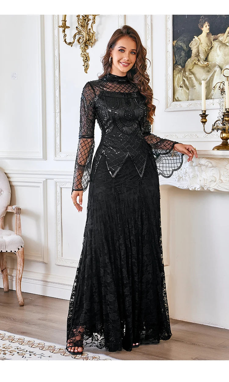 Black Lace Mermaid Elegant Evening Dress for Women High Neck Long Sleeve Sequins Party Dresses Prom Gowns Wedding