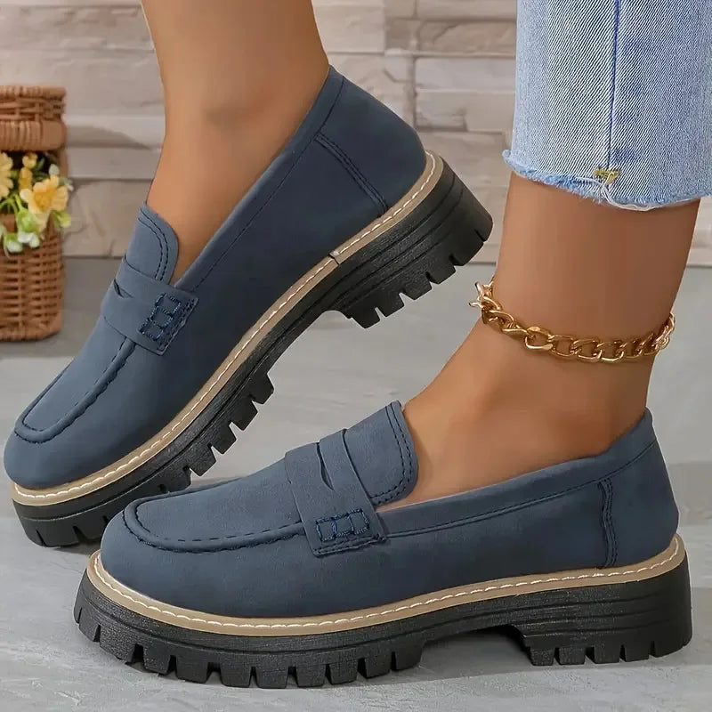 Loafers casual sandblasted British style women's shoes with thick heels and retro single shoes