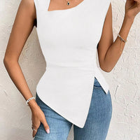 Spring Summer Elegant Stylish Daily Dating Casual Women's Sleeveless Tops Side Ruched Asymmetric Hem One-Shoulder Cut out
