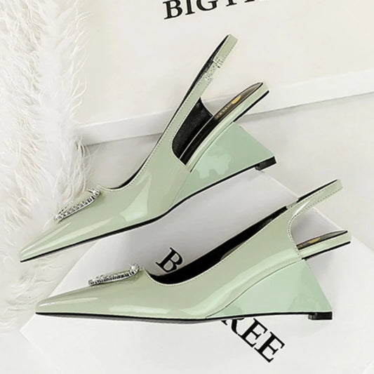 Spring Candy Fashion Pointed Toe Women Pumps Sling back Wedges High Heels Party Prom Mules Shoes