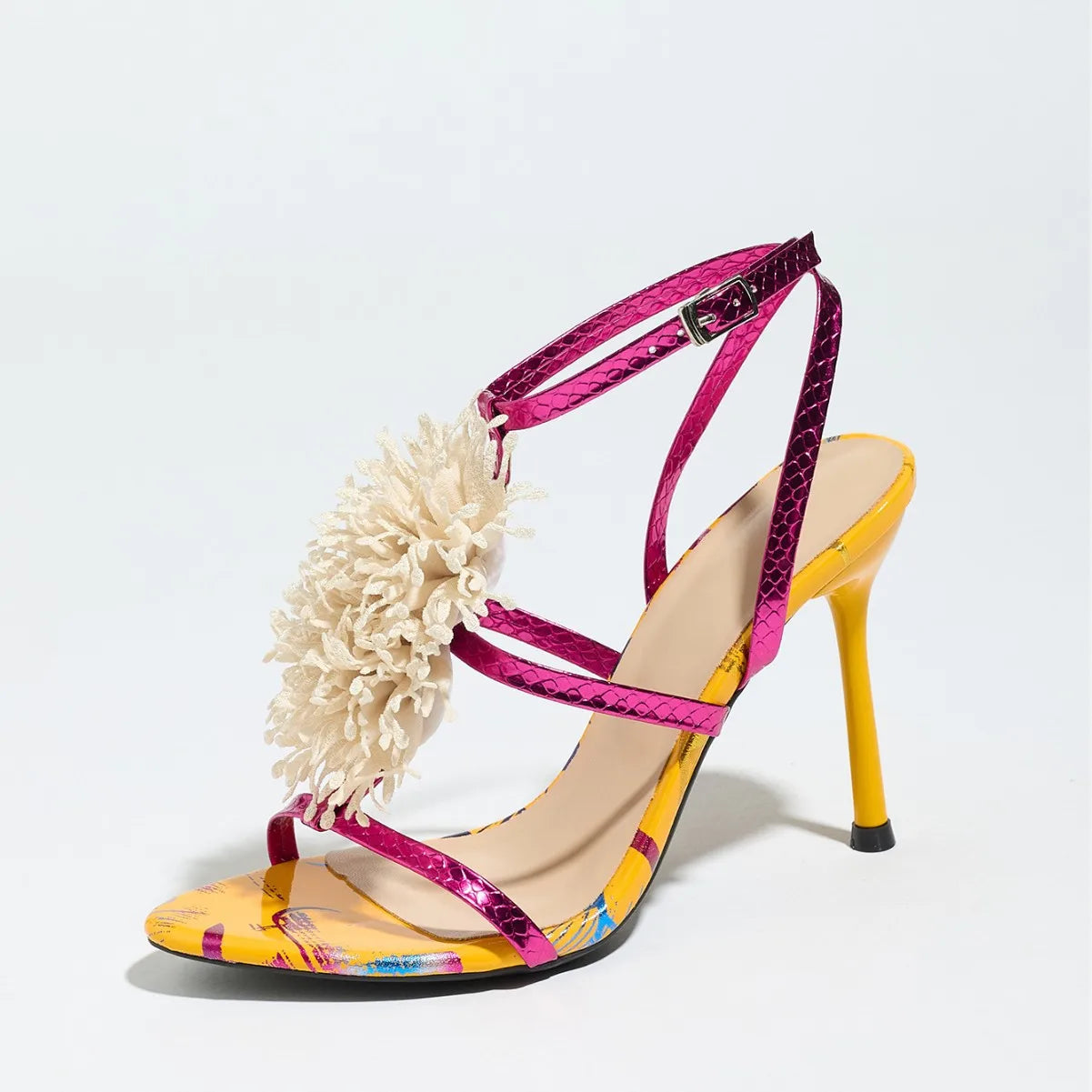 Ladies High Heel Sandals with 3D Fluffy Flower Decorations round Toe Thin Heel Spring Summer Night Club Fashionable Party Shoes