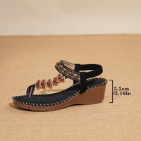 Bohemian Style Women's Sandals Summer Fashion Beach Slope Heel Slippers Beaded Diamond Slip-On round Toe PU Lined Mid Heel