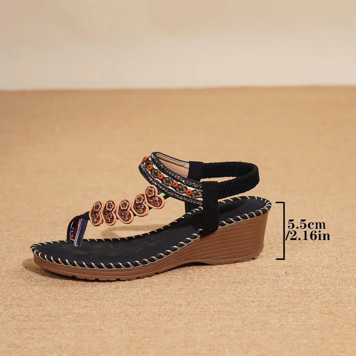 Bohemian Style Women's Sandals Summer Fashion Beach Slope Heel Slippers Beaded Diamond Slip-On round Toe PU Lined Mid Heel