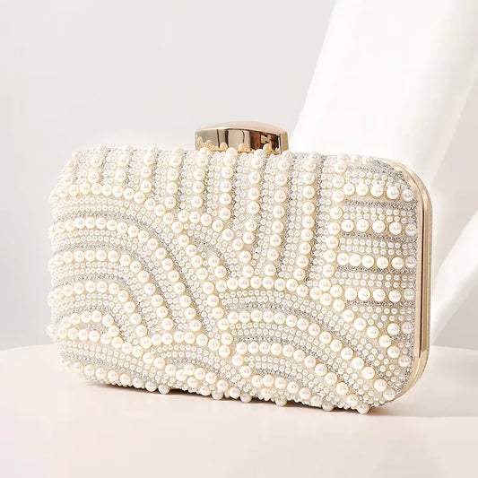 Ladies Pearl Elegant Evening Bag Fashionable Stylish Beading Wedding Dinner Party Banquet  Dress Clutch Bag with Long Chain