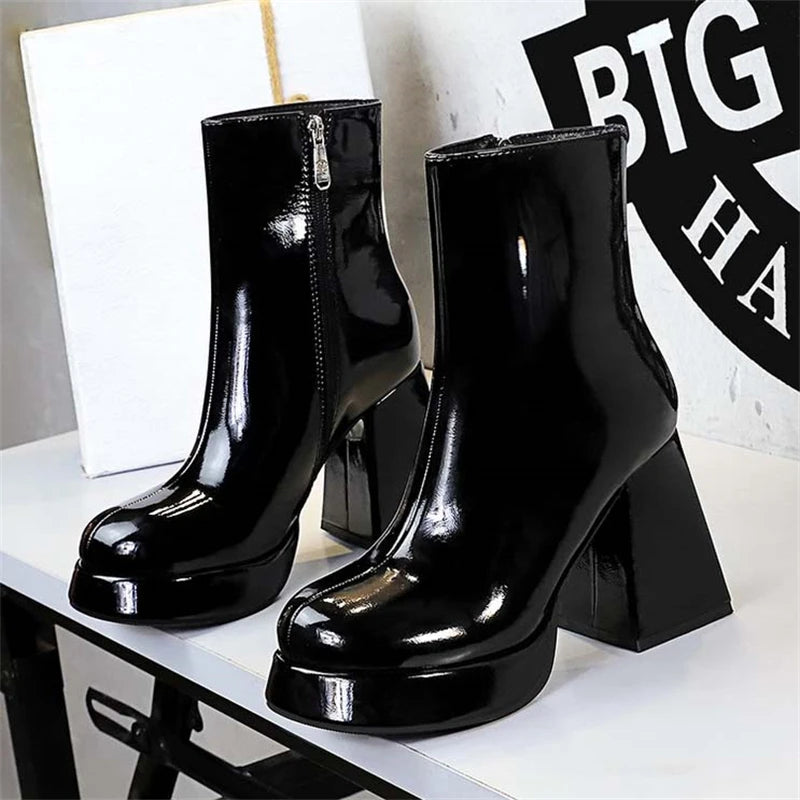 Patent Leather Round Toe Ankle Boots Women Designer Platform Heel Pole Dancing Shoes