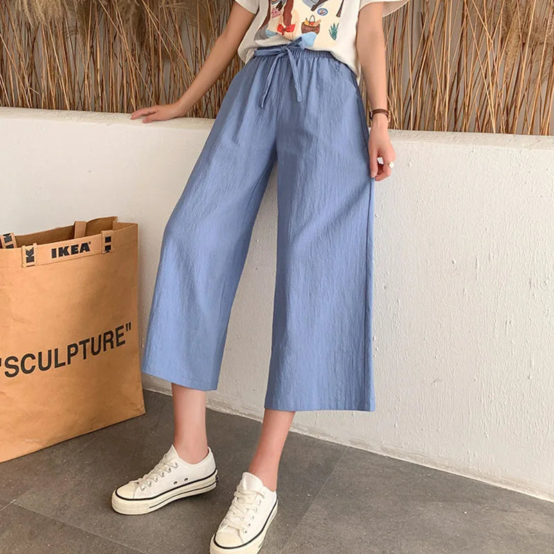Casual Baggy Wide Leg Trousers Women Summer Thin Comfy Breathable Ankle Length Pants Vintage Loose Cotton Linen Straight Pants