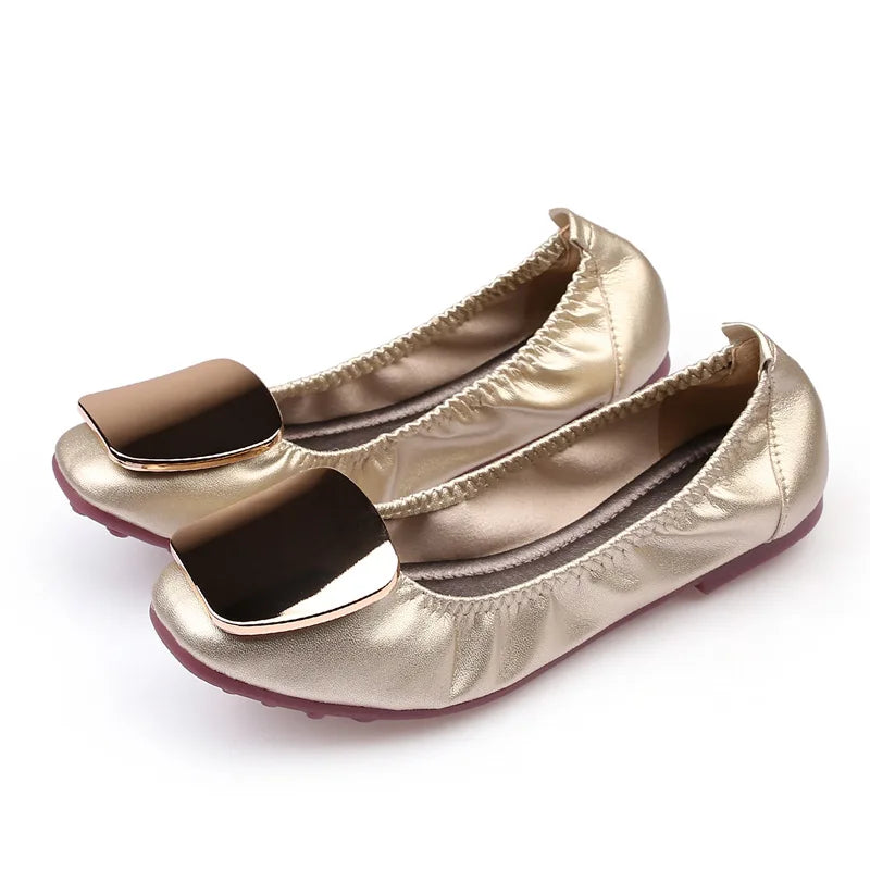 Light Metal buckle roll-up flats ladies shoes cozy moccasins sequined cloth foldable ballet flats woman