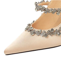 Elegant French Style High Heels Women's Satin Pointed Toe Shoes with Water Diamond Decoration Thin Heel Single Shoes