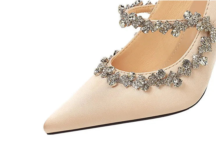 Elegant French Style High Heels Women's Satin Pointed Toe Shoes with Water Diamond Decoration Thin Heel Single Shoes