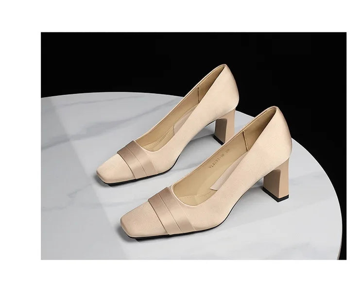 Elegant Satin High Heels Square Toe Slip-On Chunky Heel Comfortable Women's Shoes for Party Fashion Footwear Summer Autumn