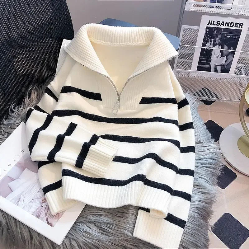 Women's Sweater Interior Short Style Popular High End Fashion Zipper Striped Hoodie Collar Natalia Home Fashion    Natalia Home Fashion