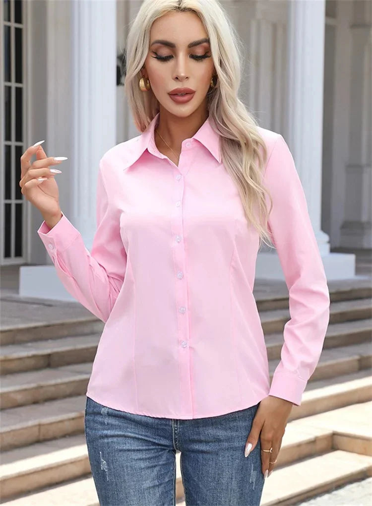 Women Spring Autumn Style Blouses Shirts Lady Casual Long Sleeve Turn-down Collar Solid Color Blouse Tops Natalia Home Fashion    Natalia Home Fashion
