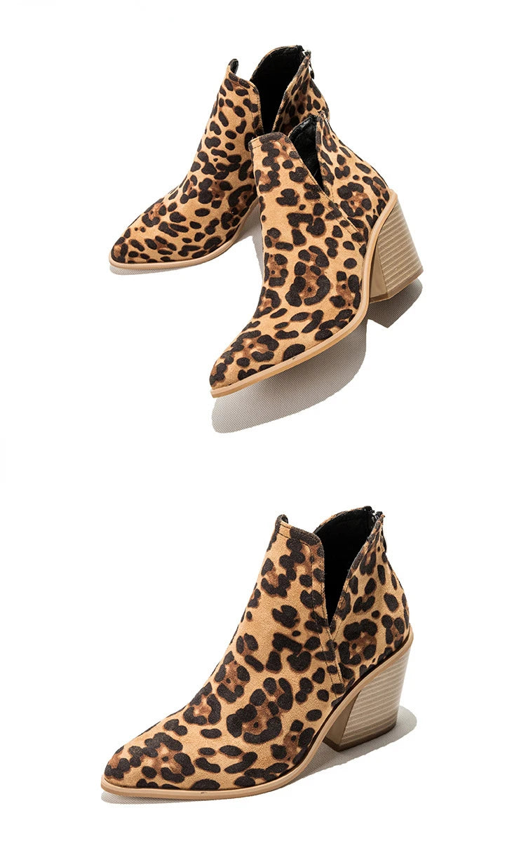 Boots Women Ankle Leopard Mid Heel Shoes Female Slip-On Casual Black Square Heel Booties