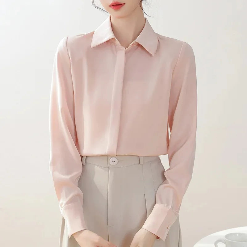 Style Women's Long Sleeve Satin Shirt Casual Style Fashion Design Lightweight Maturity Ladies Blouse