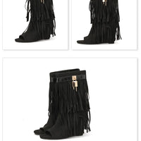 Designer Fringe Wedges Boot Sandals Woman High Heels Open Toe Party Prom Shoes Sexy Zipper Female Pumps Women Boots