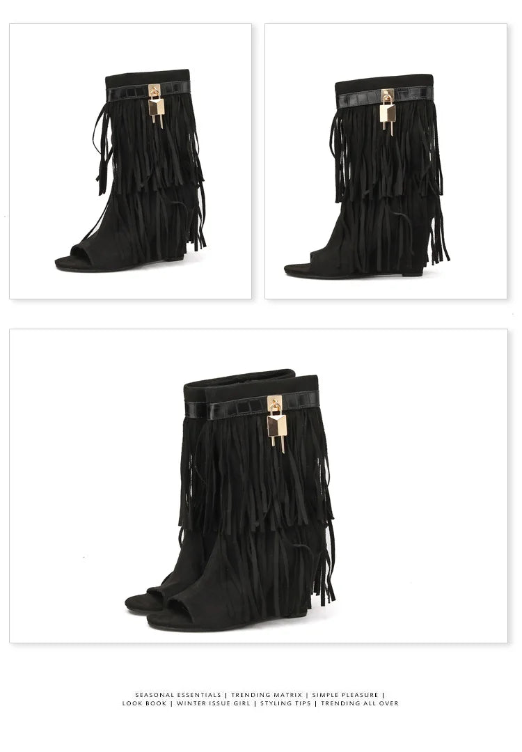 Designer Fringe Wedges Boot Sandals Woman High Heels Open Toe Party Prom Shoes Sexy Zipper Female Pumps Women Boots