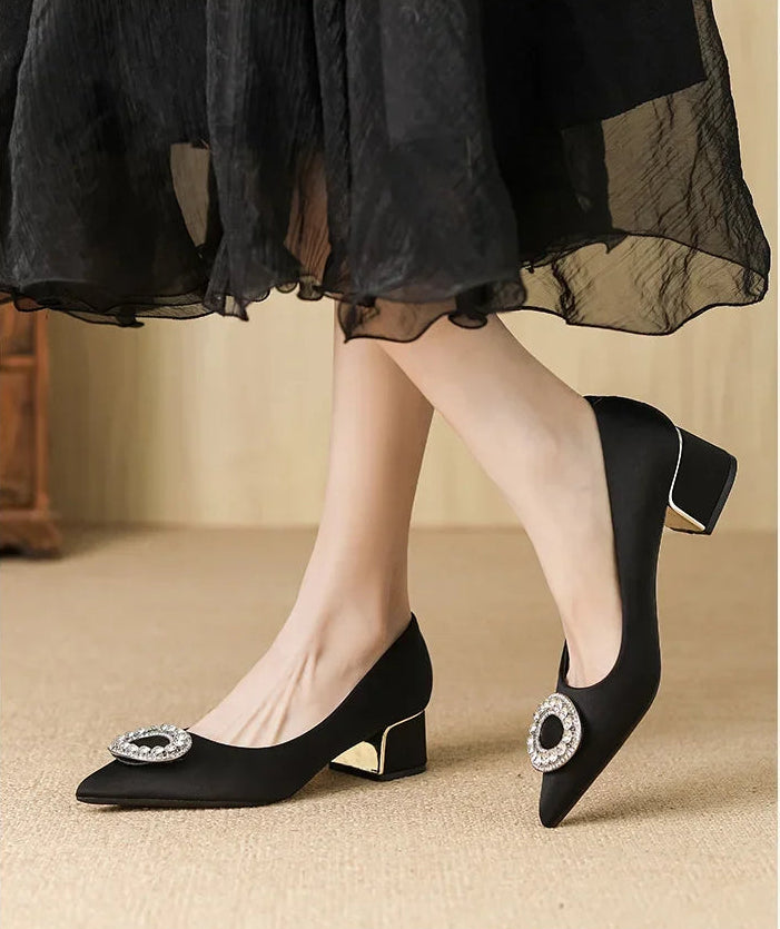 Soft Leather Black Pointed Toe Work Shoes Spring Autumn New Style Comfortable Thick Heel Professional Soft Bottom Shoes