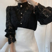 Shirt Women Blouse Office Lady Flower Blouse Spring Hollow Out Lace  Stand Collar Button Female Clothing