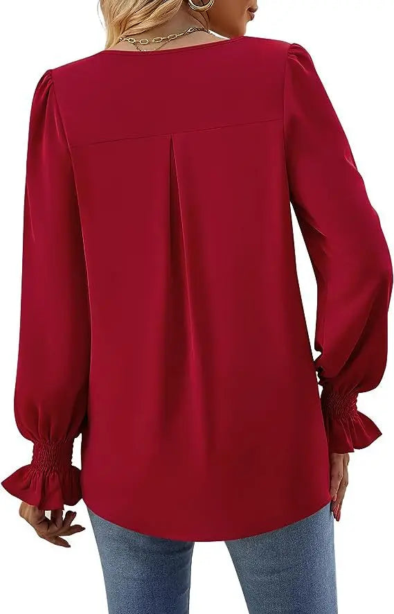 Fashion Simple Solid Color Pullover Shirt Women Loose V-neck Flared Sleeve Shirts Top Female Elegant Commuting Clothing