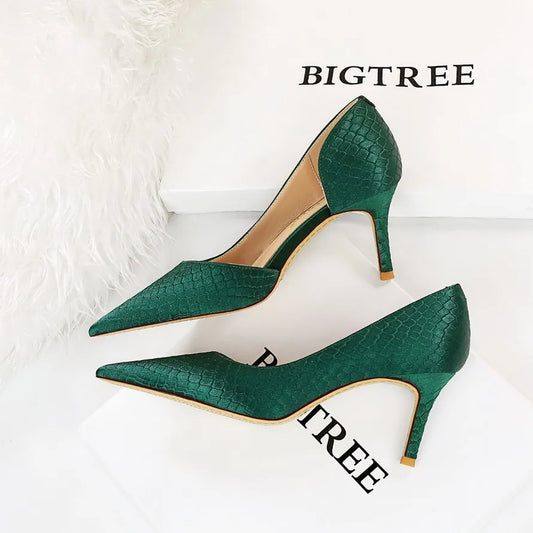 Shoes Woman Pumps Pointed Toe Shallow High Heels Snakeskin Satin Thin Heel Sandals Stiletto Party Shoes