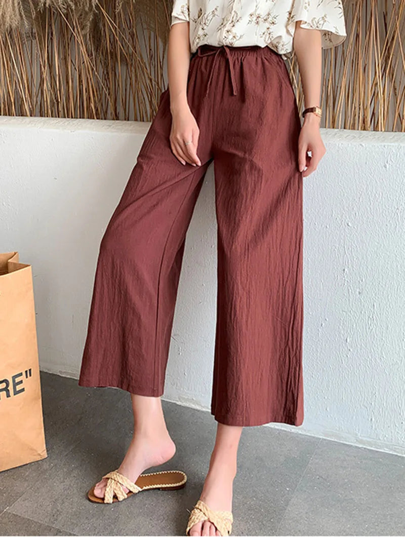 Casual Baggy Wide Leg Trousers Women Summer Thin Comfy Breathable Ankle Length Pants Vintage Loose Cotton Linen Straight Pants