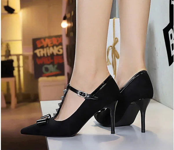 Banquet Bow Rivet T-button Pointed Head High Heel Women's Single Shoes