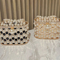 Luxury Pearl Beaded Metal Cage Hollow Out Women Handbag Rhinestones Diamond Evening Bag Wedding Party Clutch Purse Crossbody Bag