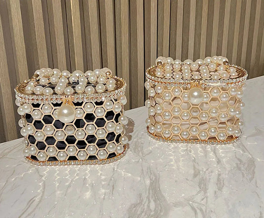 Luxury Pearl Beaded Metal Cage Hollow Out Women Handbag Rhinestones Diamond Evening Bag Wedding Party Clutch Purse Crossbody Bag
