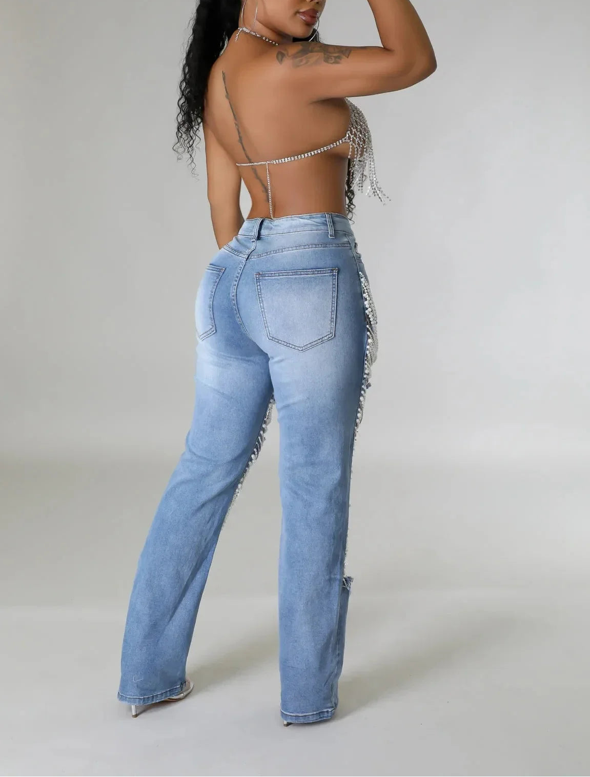 Heavy Duty Denim Jeans Women's High Waist High Elasticity Hole Punching Beading Long Pants Trendy Spicy Girl Style